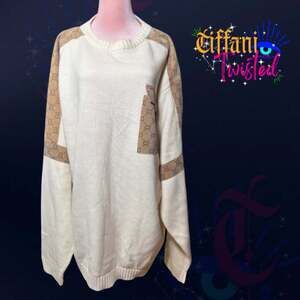 Cream Oversized XL Men’s Knit Sweater Tan Monogram Panels Pocket Detail NWOT